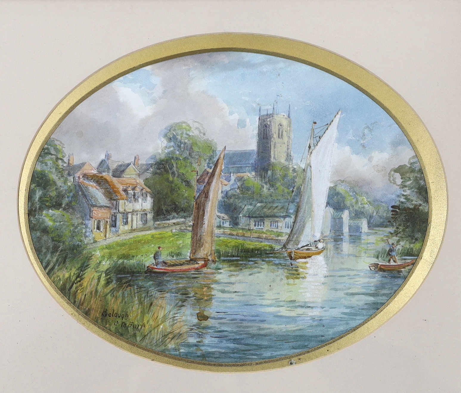 E. H. Earp, oval heightened watercolour, 'Belaugh', signed and inscribed, 17 x 21cm